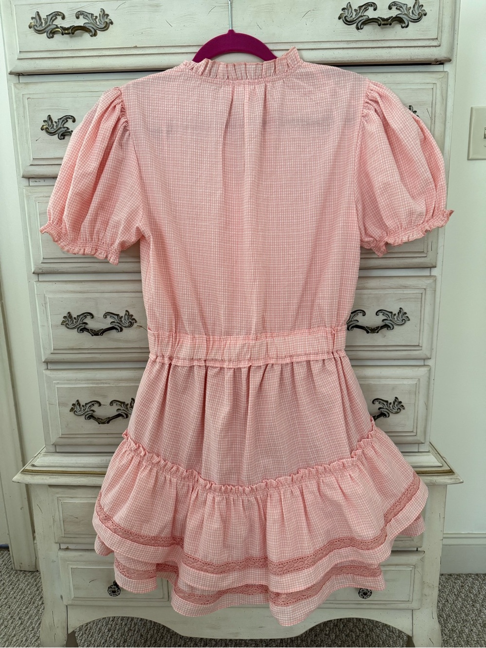 Pink Ruffle Tiered Romantic Mini Dress with Puff Sleeves Size Small - Picture 3 of 7